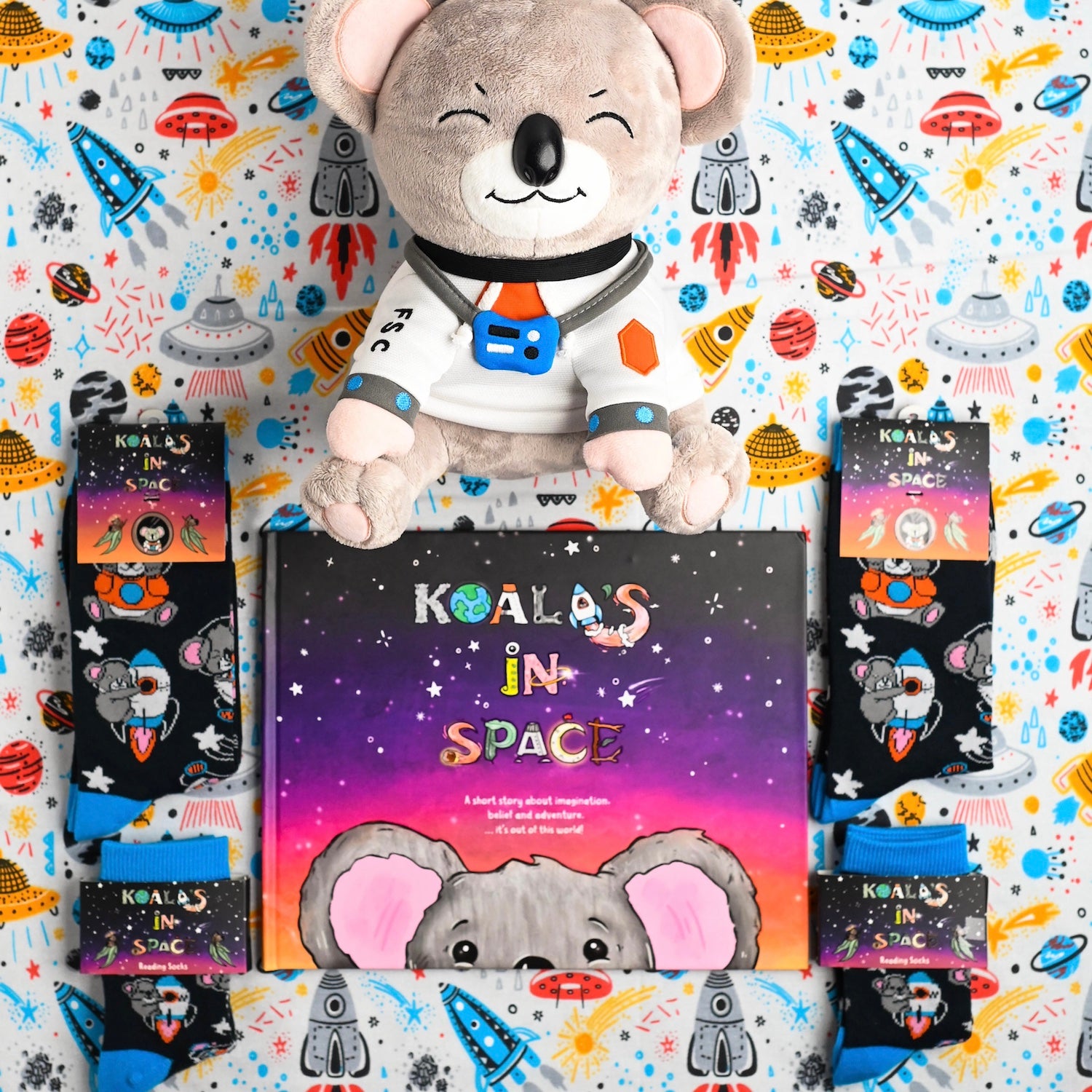 Koalas in Space Book + 2 x Matchy Matchy reading socks + Plush Koala